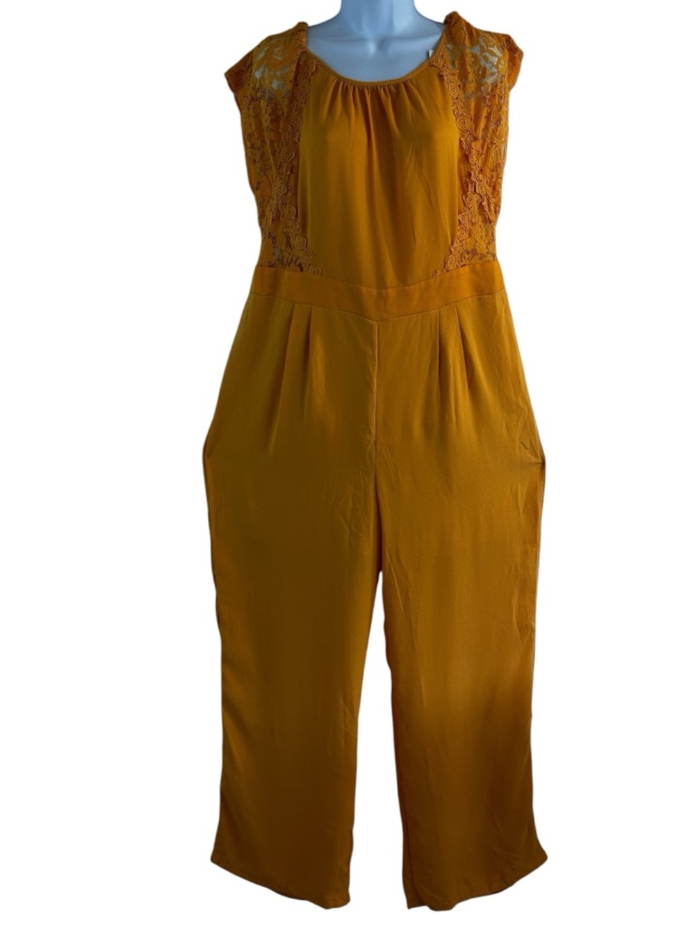 Sleeveless Lace-Trim Mustard Jumpsuit with Wide Leg Boho Chic SZ XL Plus